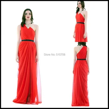 

Simple Design Orange A line One Shoulder Backless Red Chiffon Sweep Train Formal Evening Dress Party Prom DRES