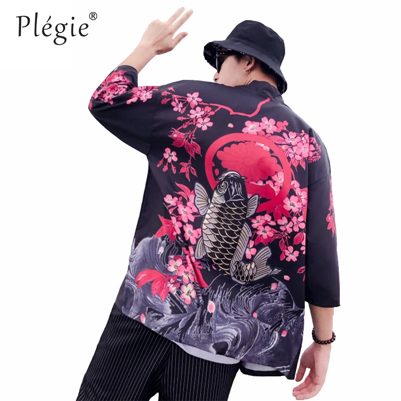 

Plegie Summer Thin Japanese Ukiyo Printed Kimono Cardigan Jackets Men Harajuku Fish Floral Print Casual Streetwear