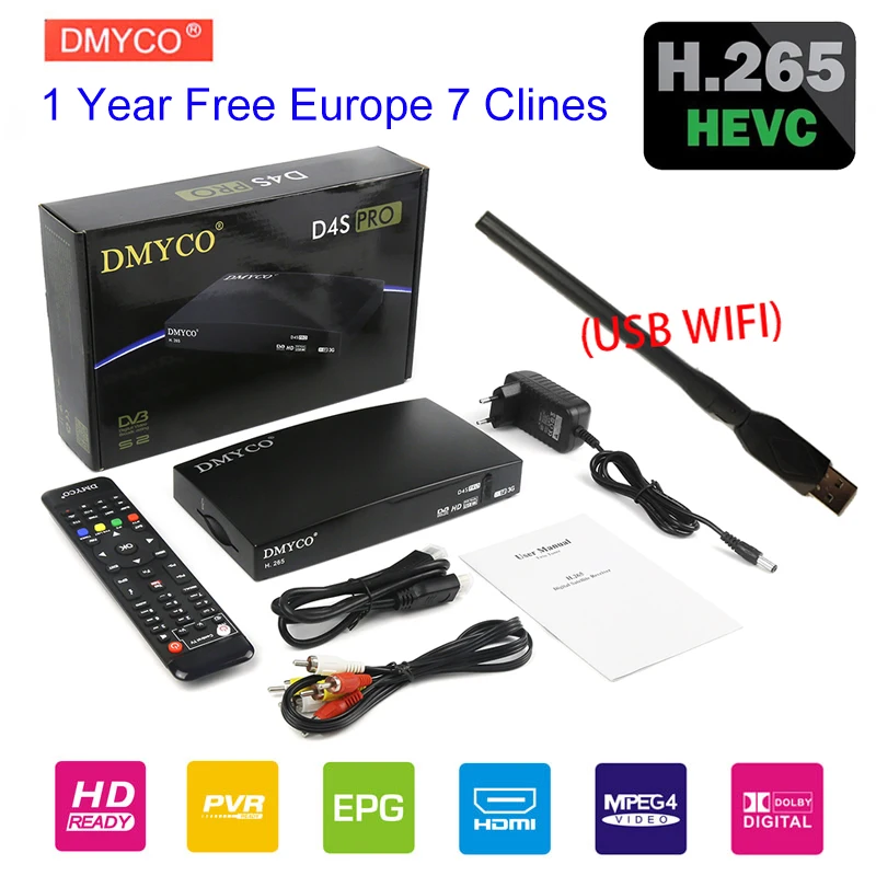 

1 Year Spain Channels Satellite Receiver D4S DVB-S2 lnb Tv Tuner Receptor Support H.265 Bisskey +USB WIFI Spain DVB TV Receiver