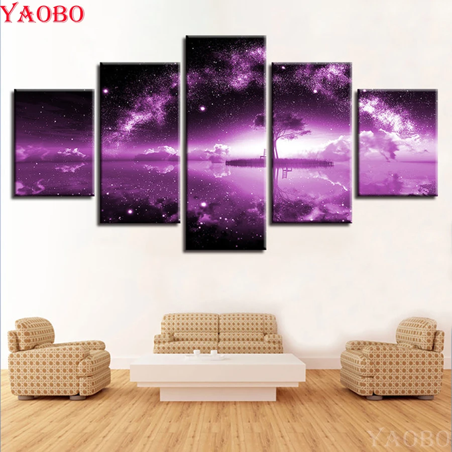 DIY 5D diamond painting Cross Stitch Mosaic Diamond Embroidery Purple Star/Lake/Tree/Landscape Hobbies And Crafts 5pcs/sets | Дом и сад