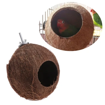 

Bird Parrot Finch Nest Natural Coconut Shell Hanging Chain Cage Toys Swing House
