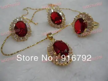 

Women Gift word Love real Wholesale Beautiful Red Zircon Crystal Gem Inlay Lucky Pendant Necklace Earring Ring Set (B0323)