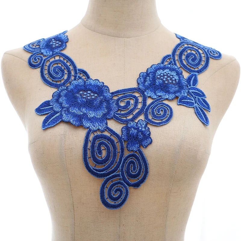 Blue Flower Embroidered Lace Neckline Collar Applique Embroidery Sewing