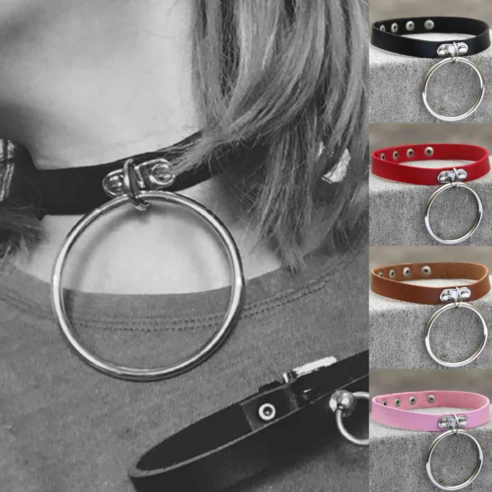 

Sexy Vegan Punk Rock Big Metal Round Pendants Necklaces Harajuku Alloy Circle Leather Collar Chokers Gothic Statement Necklaces