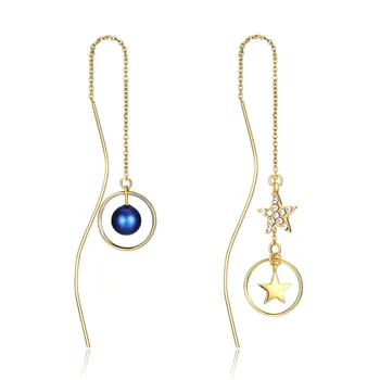 

Elagant Crystal From Swarovski Earrings For Women Asymmetry Round Star Long Chain Drop Earring 925 Silver Needle Fine Jewelry