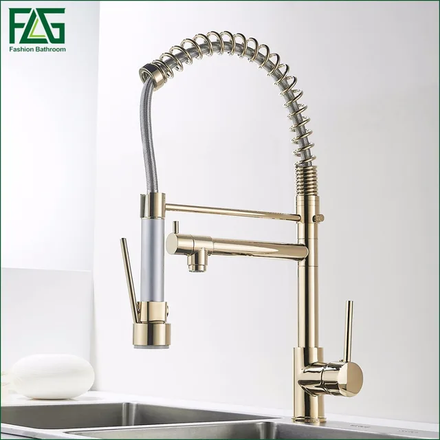 Best Price FLG Kitchen Faucet Golden Finish Hand Sprayer Spring Style Single Handle 360 Degree Rotating Cold Hot Water Mixer Sink Tap 2087G