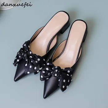

Women's genuine leather high heel mules pointed toe summer slides bowtie korean style sweet female sandals ladies pumps shoes