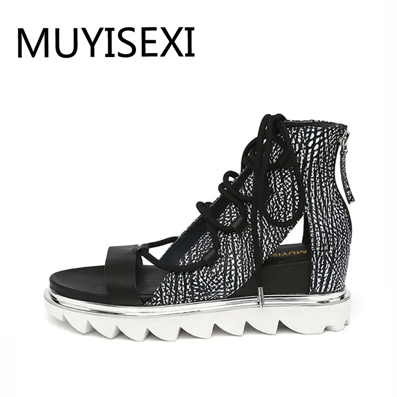 

Height Increasing Sandals Women Gladiator Platform Wedge Shoes Woman Creepers Lace-up Candy Color L037 MUYISEXI