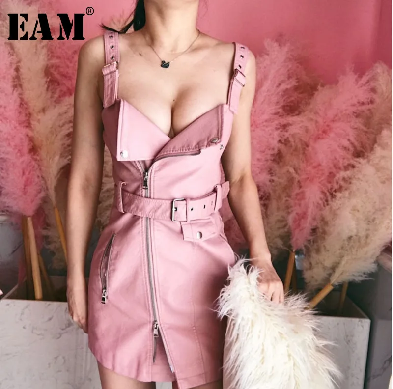 

[EAM] 2019 New Spring Summer Strap Loose PU Belt Strapless Zipper Pockets Casual Above Knee Dress Women Fashion Tide OB138