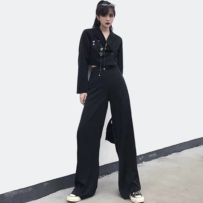 

Casual Pants Suits 2019 Fashion Streetwear Black Suit Women Chain Cropped Blazer Pants Suit Set Ladies Pantsuit tailleur femme