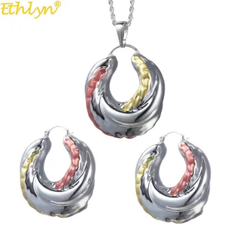 

Ethlyn Nigerian/Congo Female Colorful Oil Round Big Hoop Jewelry Set Silver Color Nigerian Earring Pendant Accessories S82