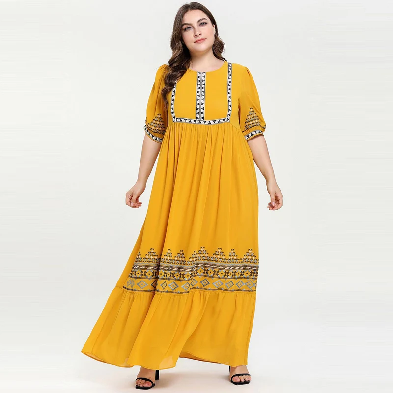 Качественная вышивка желтый летний мусульманский абайя короткий рукав геометрический узор Caftan Дубай, Турция длинное платье макси платья
