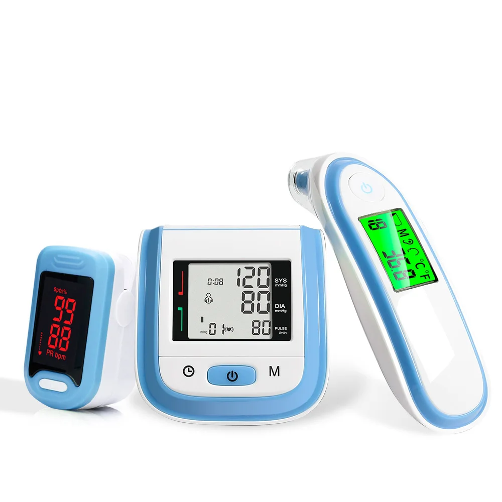 BOXYM ЖК-монитор кровяного давления на запястье и светодиодный Пульсоксиметр на палец и инфракрасный термометр для ушей младенца, забота о здоровье семьи - Цвет: blue