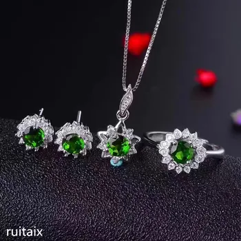 

KJJEAXCMY boutique jewels 925 Pure silver inlay natural diophanous stone female 3 pieces set flowers trifolia floret curve Europ