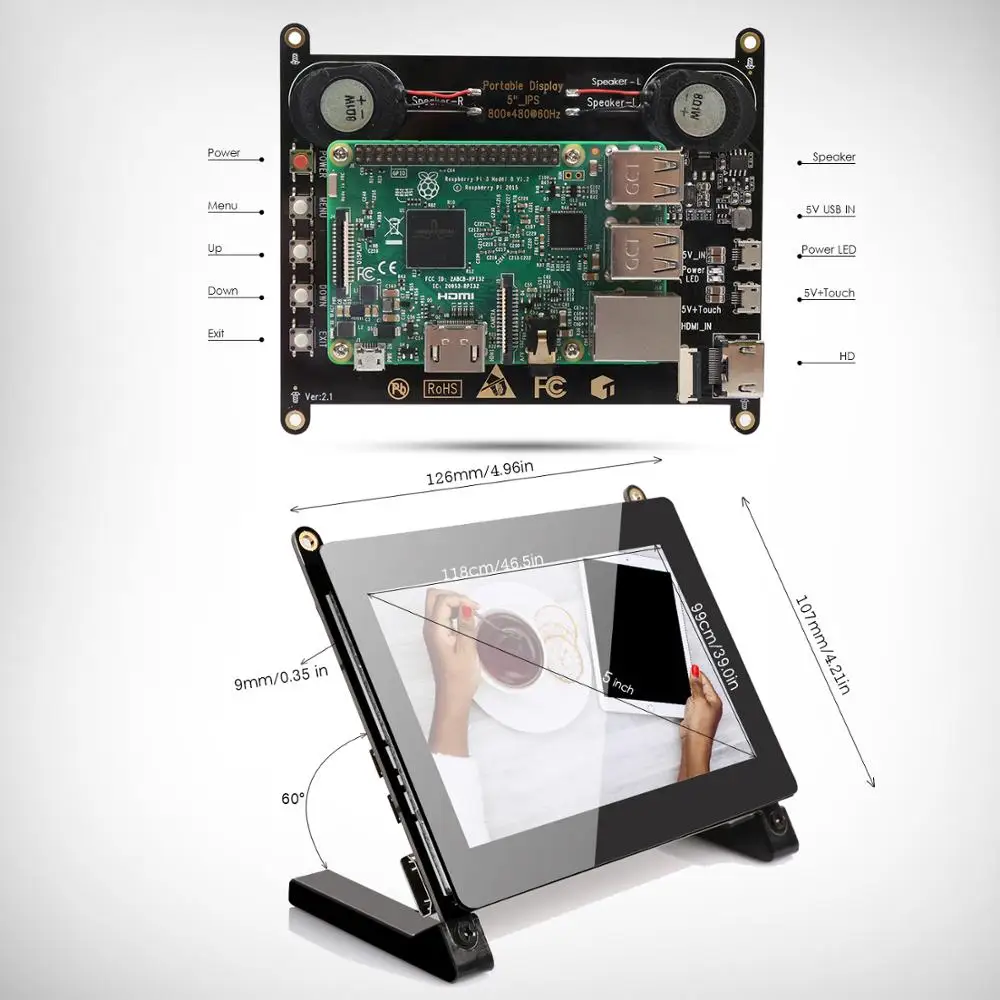 5 дюймов Сенсорный экран, eviciv Портативный монитор ips Дисплей 1024X600 16:9 встроенный двойной колонки совместим с USB HDMI Raspberry