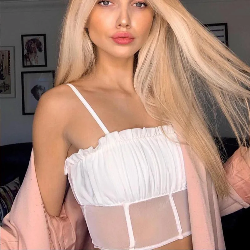 Hugcitar spaghetti straps mesh patchwork ruffles sexy camis 2019 summer women fashion party club streetwear solid crop tops