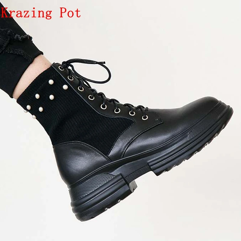 

Krazing Pot new genuine leather British school motorcycle boots handsome pearl-studded decoration rivets Winter ankle boots L0f8