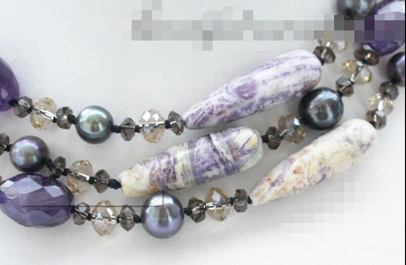 

~~ BJC 00006 black pearl smoke crystal amethyst taper stone necklace Discount AAA