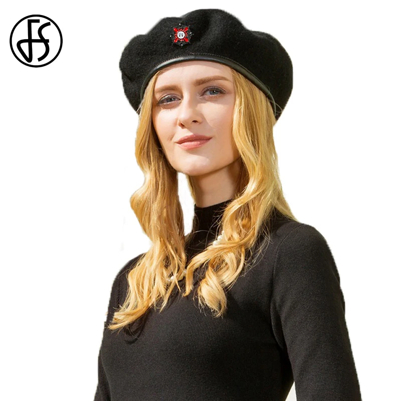 FS Brand Black Beret Hats For Winter Women French Wool Felt Warm Cap
