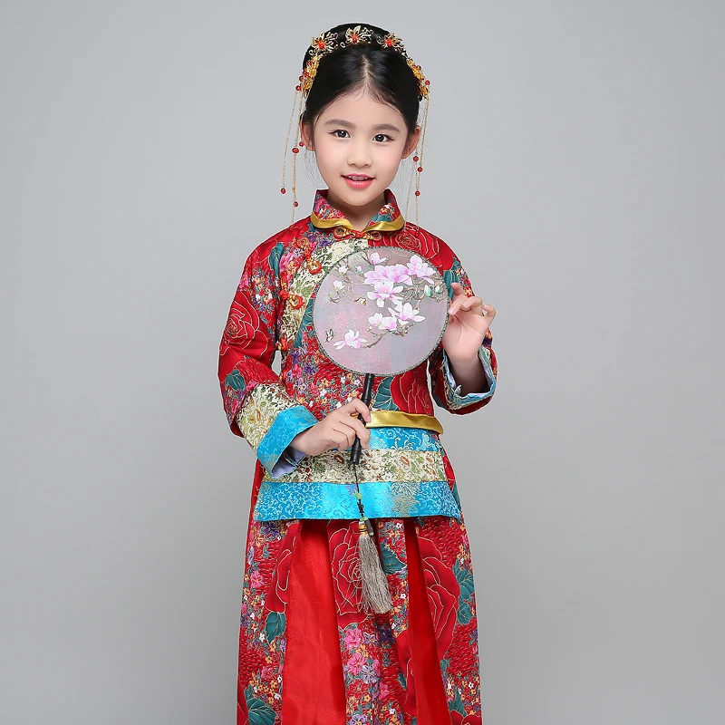 Китайский народный танец костюм hanfu костюм династии Тан Национальный для девочек платье феи детское древних Винтаж xiuhe Свадебное платье