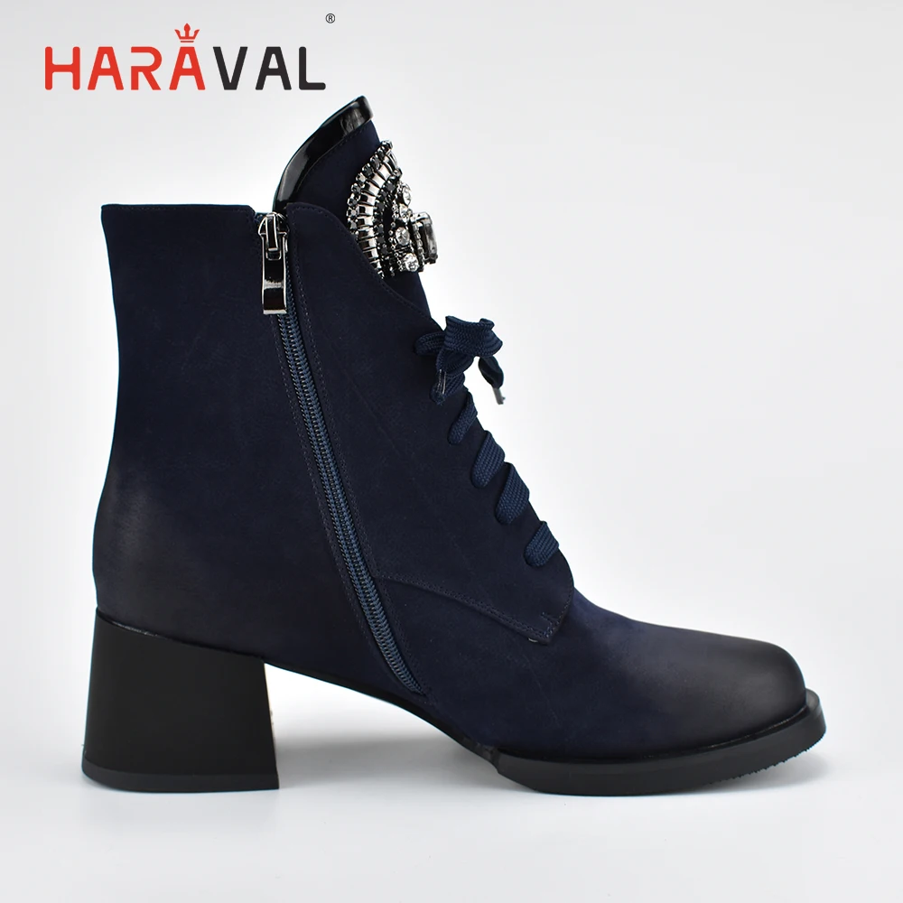 HARAVAL New Winter Ankle Boots Women Luxury Round Toe Thick High Heel Lace Up Warm Fur Shoes Diamond Soft Black Lady Boots B198