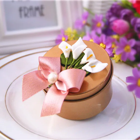 

free shipping gold round metal tin boxes for baby shower wedding favor boxes shinning ribbon , GWB13