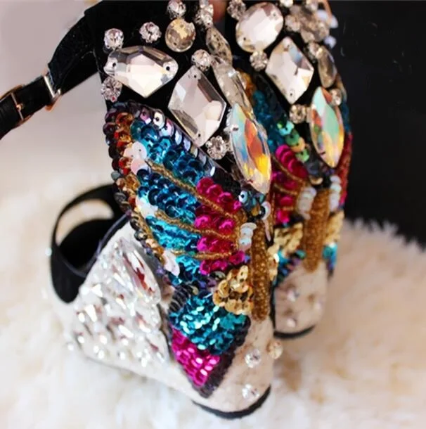 

2019 Summer Rope Braided Wedge Sandal Open Toe Ankle Strap Colorful Crystal Embellished Wedge Heel Sandals Women Dress Shoes
