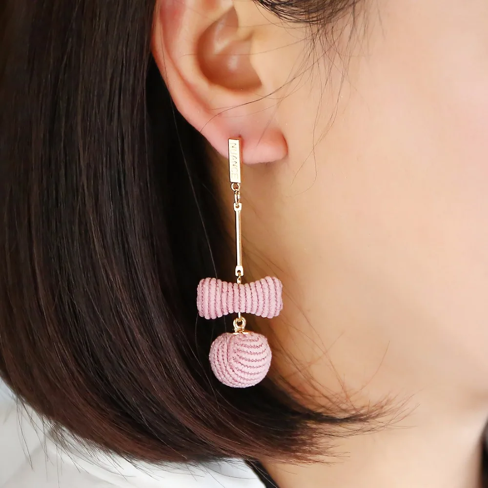 korean cute pink color bowknot ball earrings for women girls ladies
