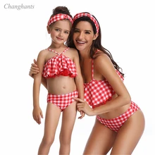 Новая модель малыш родитель детское бикини набор красный плед купальник из двух частей купальный костюм купальные костюмы бикини Одежда Купальники Костюм