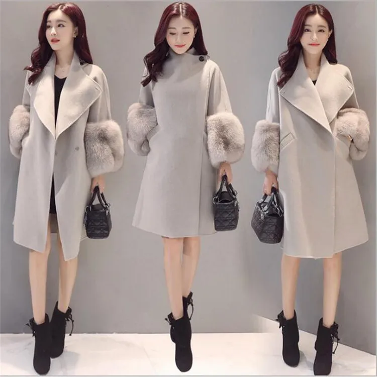 Модное длинное шерстяное пальто из искусственного меха, однотонное офисное Женское пальто на пуговицах, корейское осенне-зимнее пальто