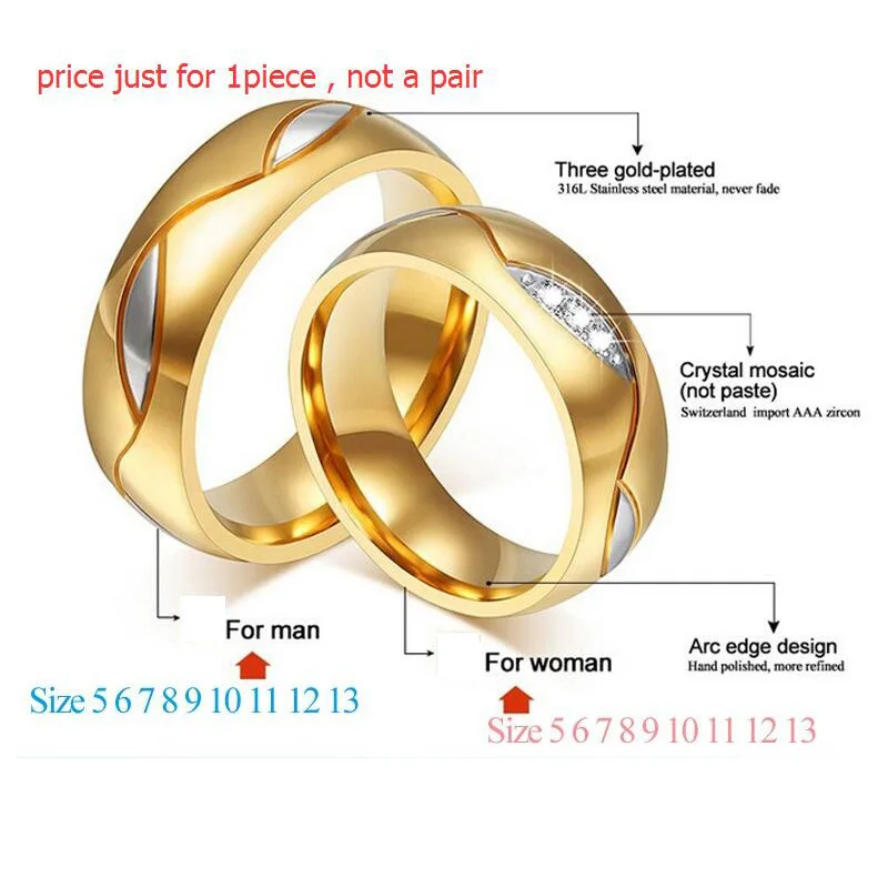 Meaeguet Classic Couple Rings For Lover's Cubic Zirconia Wedding Ring Gold-Color Stainless Steel Anel Jewelry