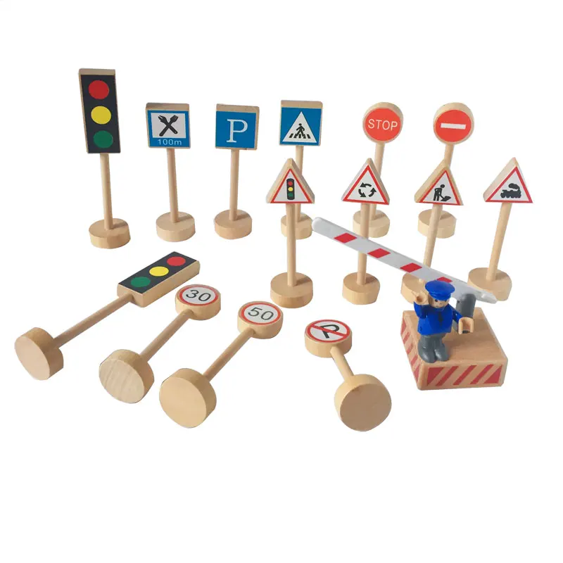 

Traffic scene indication road sign wooden model kids toy set large signal light parking toll station