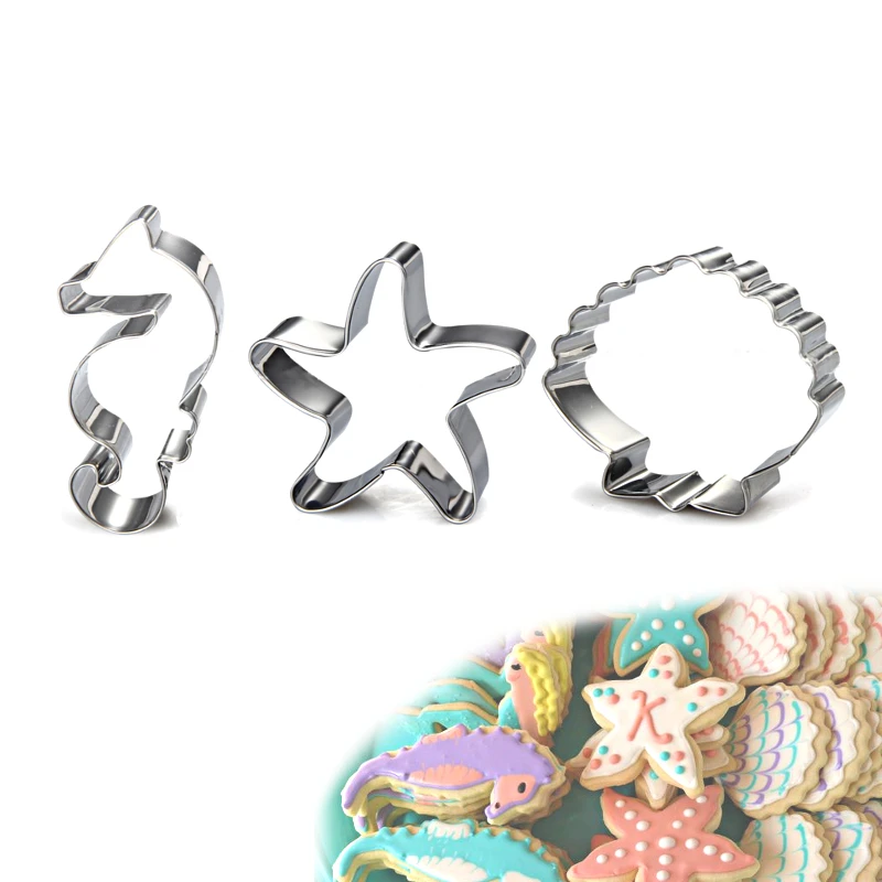 

3Pcs DIY Stainless Steel Starfish Hippocampus Shell Shape Cookie Cutter Fondant Cutter Baking Mold Pastry Confectionery Tools