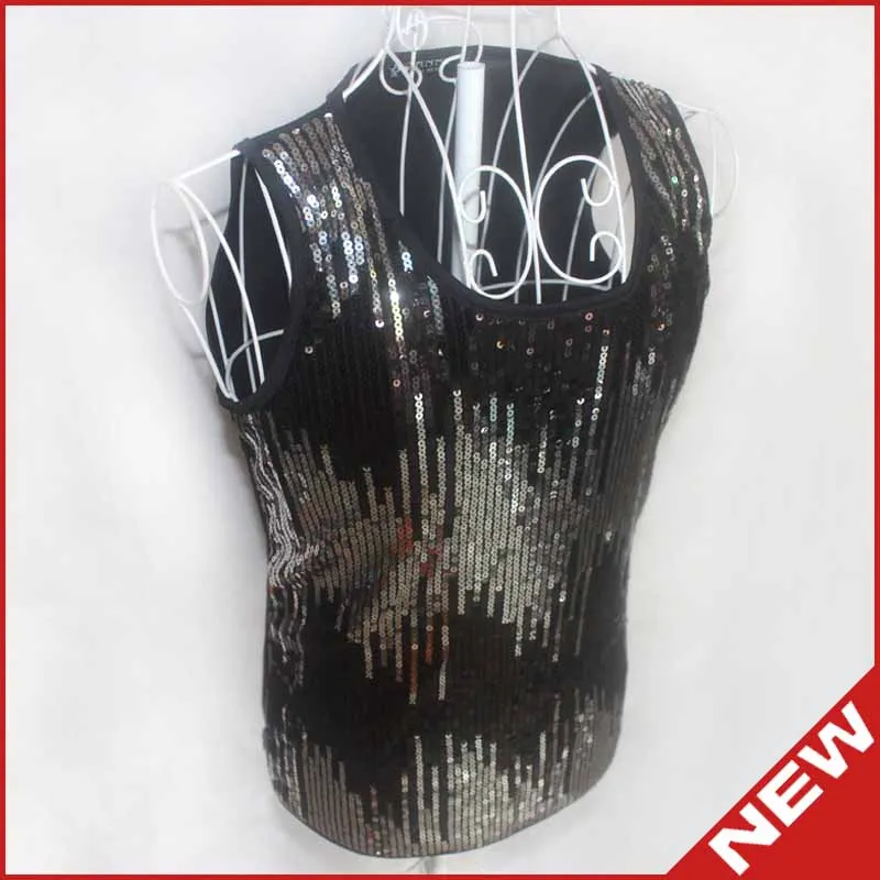 New Jazz Dance Harem Tops For Men Rock Bar Dj Dancers Stage Original Singer Hip Hop T-shirt Sequin Hairstylist Vest BD119 - Color: Black Tops