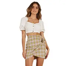 Клетчатые необычные мини-юбки женские модные летние с высокой талией на шнуровке в стиле ампир Jupe повседневные женские юбки для девочек короткая юбка с бутонами