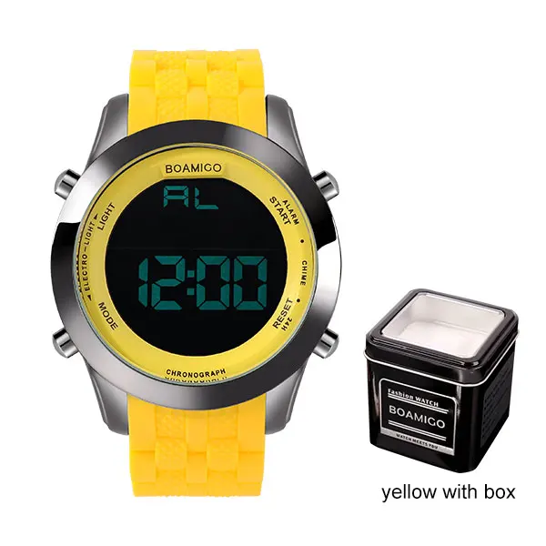 Мужские спортивные часы, военные цифровые часы, светодиодный дисплей, резиновый ремешок, наручные часы BOAMIGO, брендовые роскошные часы в подарок, reloj hombre - Цвет: yellow with box