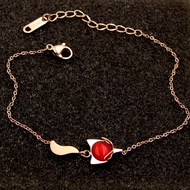 

Fashion jewelry, Red Firefox ,Rose Gold Bracelet, Personality Titanium Steel Red Pearl Fox Hand Jewelry