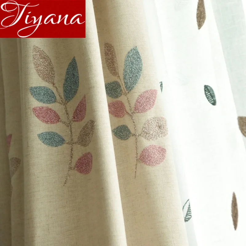 

Japan Rustic Style Curtains Cloth for Living Room Leaves Yarn Embroidered Voile Tulle Curtain Linen for Kitchen X360#40
