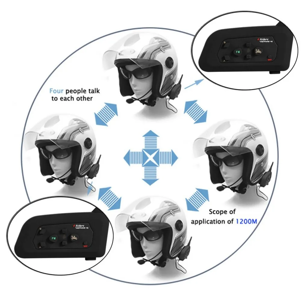

High Quality V4-1200M Bluetooth Motorcycle Helmet Interphone 4 Riders BT Walkie Talkie For Skiing Cycling Helmet