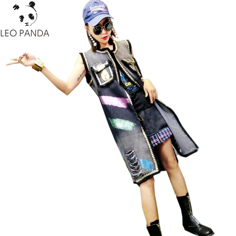 

2018 New Fashion Spring Autumn Street Tie Dye Hole Jean Jacket Women Casual Loose Sleeveless Long Denim Jacket Coat HF360