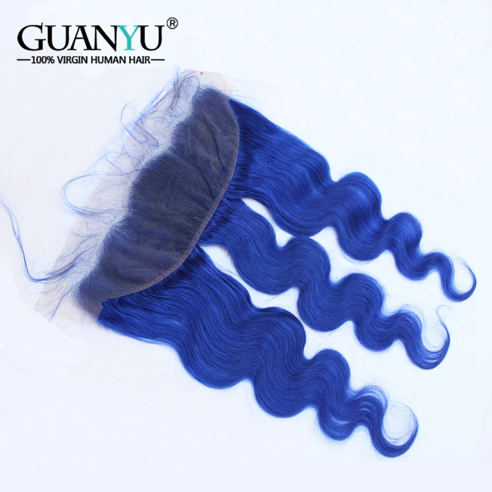 Guanyuhair предварительно Цветной синий Пряди человеческих волос для наращивания 3 Связки с закрытием кружева фронтальной 13X4 перуанский Волосы remy объемная волна