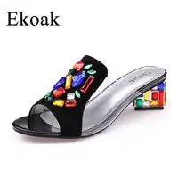 Ekoak New women High Heels rhinestone Genuine Leather Cow Suede Sandals party shoes fashion ladies women dress shoes woman