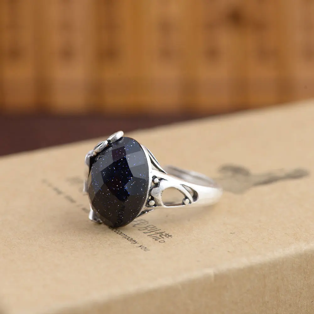 

FNJ 925 Silver Sandstone Ring Fashion Flower Real S925 Sterling Thai Silver Rings for Women Jewelry Adjustable Size