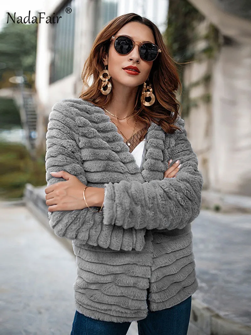 Nadafair, кардиган, меховое пальто для женщин, длинный рукав, мохнатый, осень, зима, искусственный мех, куртка,, серый мех кролика, верхняя одежда, пальто для женщин