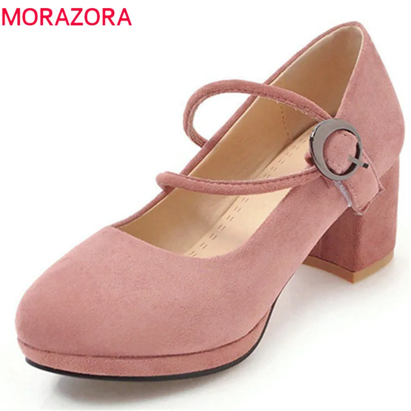 

MORAZORA 2019 hot sale women pumps flock round toe summer shoes buckle solid colors high heels sweet prom shoes woman