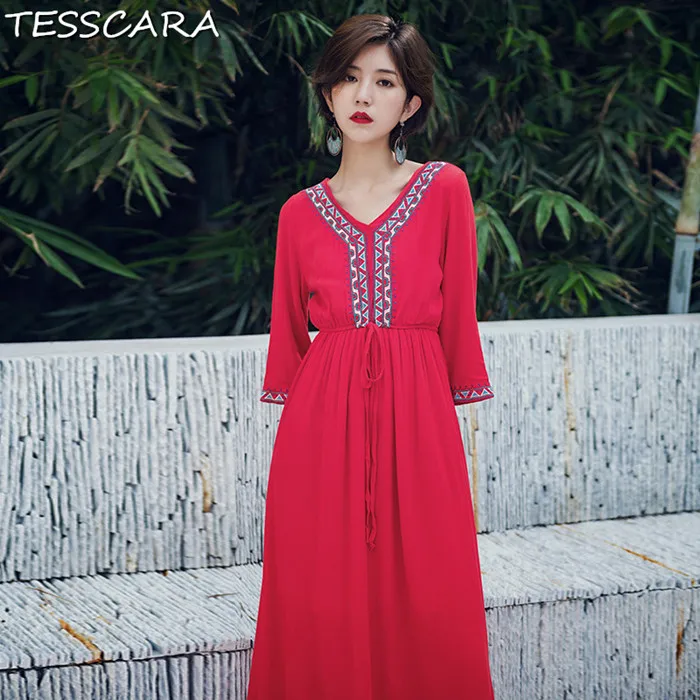 Red TESSCARA женское летнее Повседневное платье с вышивкой Festa женское высокое качество v-образный вырез дизайнерский халат Femme Vocation длинные красные Vestidos - Цвет: Red