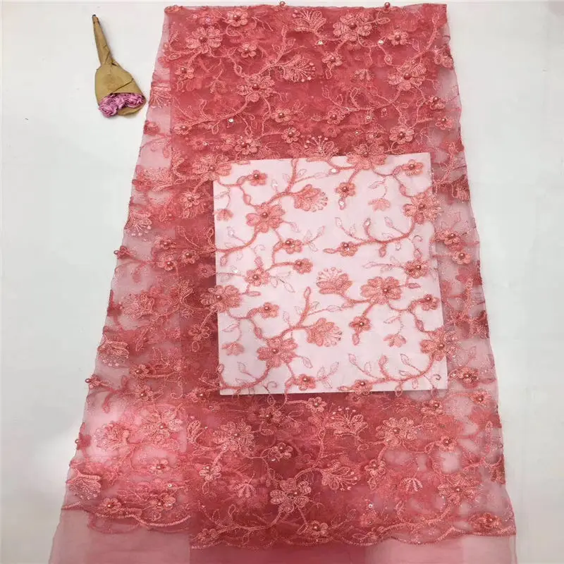 Watermelon red gold thread embroidered lace fabric bridal material African latest French Nigerian with b | Дом и сад
