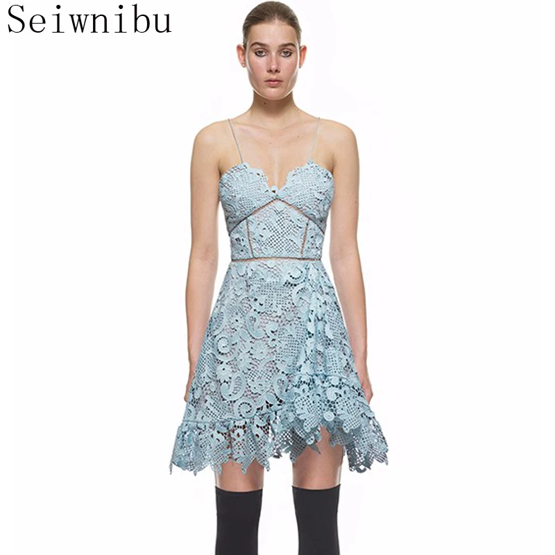 

Seiwnibu Blue Crochet Lace Spaghetti Strap A Line Mini Dress Summer Hollow Out Silm Vintage Elegant Dress Self Portrait Vestidos