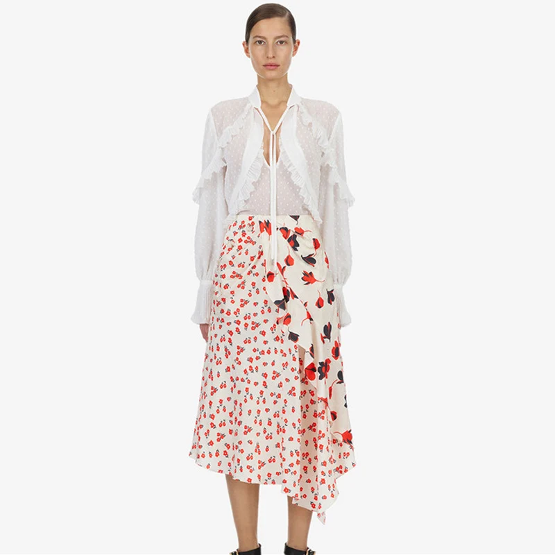 

Luxury Brand Runway Woman Two Piece Sweet Set Ruffles Long Sleeve WhiteTops and Res Floral Patchwork Long Skirt 2 Piece Outfit