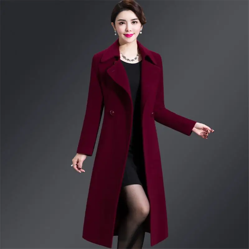 FTLZZ размера плюс 5XL женское повседневное шерстяное пальто зимнее однобортное Женское шерстяное пальто с широкой талией и отложным воротником - Цвет: Бургундия